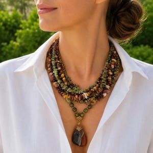 Mixed stone necklace set Beaded handmade jewelry. Statement chunky gemstone pendant necklace. Layered big bold necklace. Birthday women gift