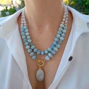 Aquamarine Necklace Gold. Pendant Necklace. Statement Gemstone Bead Necklace. Holiday Gifts for Her. Handmade Jewelry. Birthday Women Gift.