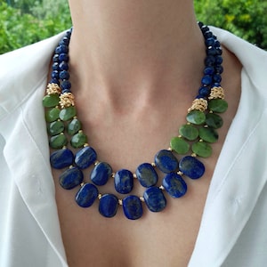 Jade lapis lazuli chunky necklace Statement gemstone beaded wedding necklace Holiday gifts for her Handmade jewelry Birthday women mom gift