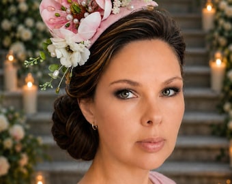 Blush Pink Floral Fascinator for Mother of the Bride, Mother of the Groom Wedding Headpiece, Garden Wedding Hat, Kentucky Derby Fascinator