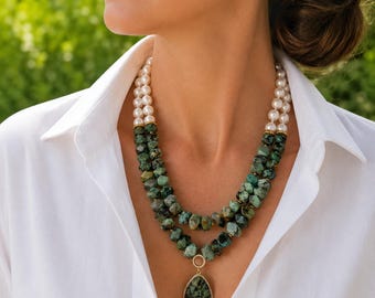Raw green turquoise baroque pearl pendant necklace. Statement chunky gemstone beaded necklace. Handmade jewelry birthday women gift