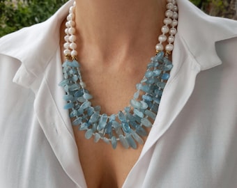 Raw aquamarine pearl necklace gold Statement gemstone beaded layered necklace Holiday gifts for her Handmade jewelry Birthday women gift