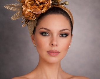 Gold brown flower derby fascinator. Wedding guest headband with peony, tea party hat.