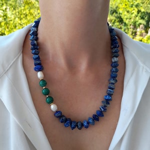 Raw lapis lazuli malachite necklace. Statement chunky gemstone necklace gift for women mom. Handmade jewelry. Large modern necklace beaded.