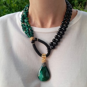 Malachite black onyx necklace women Handmade jewelry Statement chunky gemstone pendant large bead multistrand necklace Birthday Mom Gift