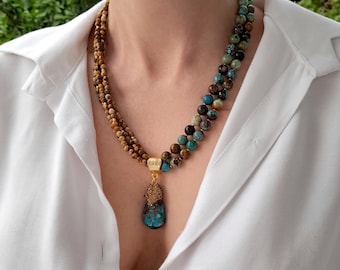 Turquoise Jasper Layered Necklace with Pendant. Statement Gemstone Beaded Wedding Boho Necklace. Handmade Jewelry. Birthday Gift Women Mom