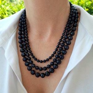 Multistrand black onyx necklace birthday mom gift. Chunky statement gemstone beaded necklace women. Large layered black handmade necklace.