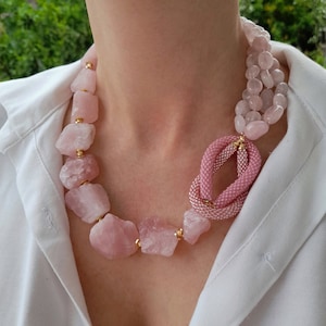 Raw Crystal Rose Quartz Necklace. Unusual Handmade Jewelry Statement Chunky Gemstone Necklace Birthday Women Wife Gift Large Bead Necklace