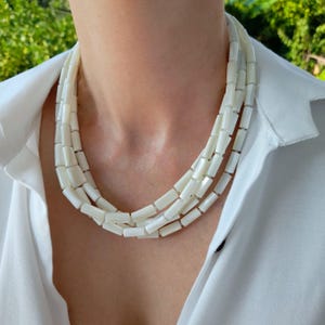 Mother of pearl wedding necklace Large white multistrand statement chunky gemstone beaded necklace women gift Boho summer handmade jewelry