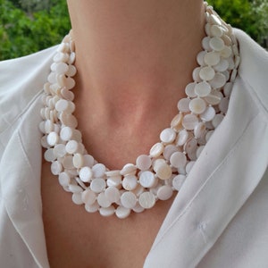 Mother of pearl wedding necklace Large white multistrand statement chunky gemstone beaded necklace Mothers day women gift Handmade jewelry