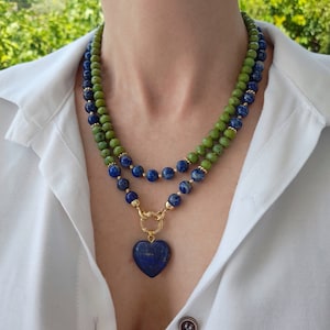 Jade lapis lazuli chunky necklace Statement gemstone beaded wedding necklace Holiday gifts for her Handmade jewelry Birthday women mom gift