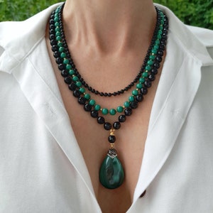 Malachite black onyx necklace women Handmade jewelry Statement chunky gemstone pendant large bead multistrand necklace Birthday Mom Gift