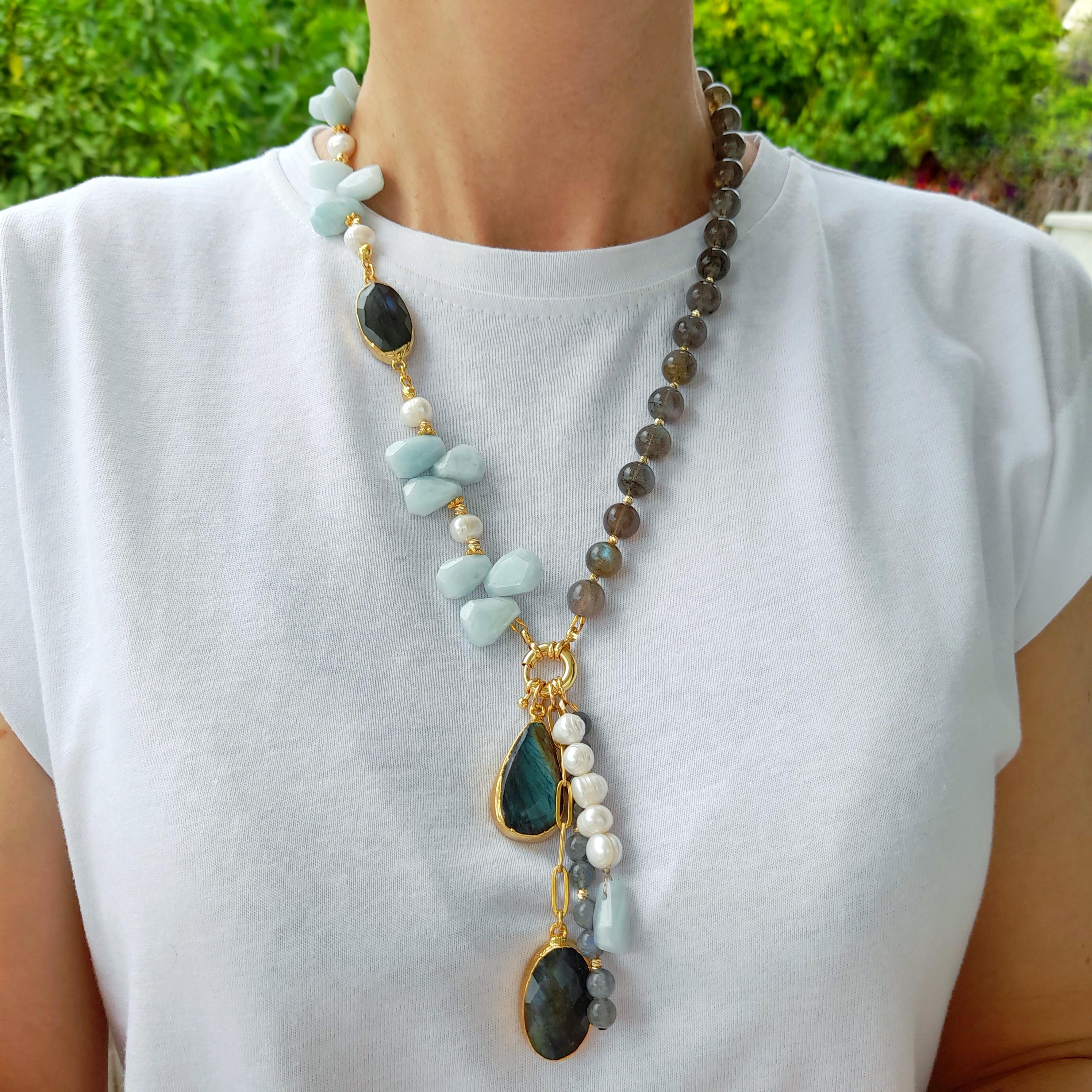TATIANA☆Labradorite Heart Lock Pearl Long Necklace Designer fashion, Seoul-fully created | W Concept