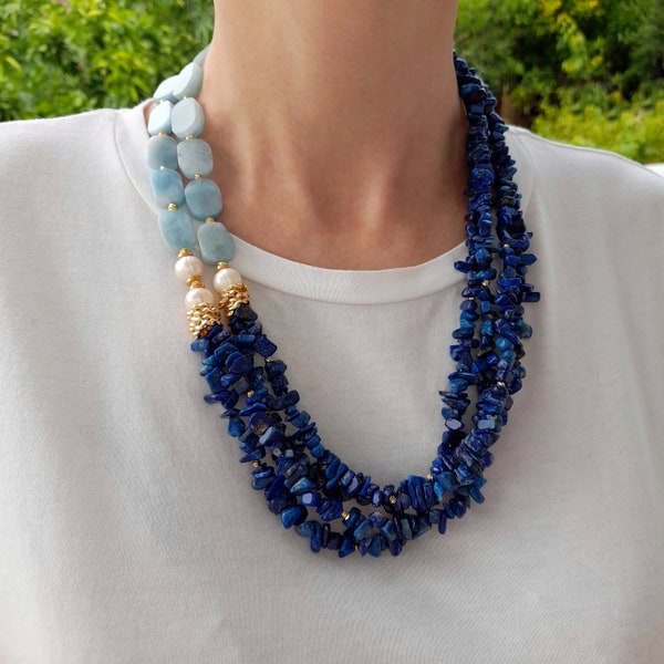 Aquamarine raw lapis lazuli chunky necklace Statement gemstone beaded necklace Holiday gift for her Handmade jewelry Birthday women mom gift