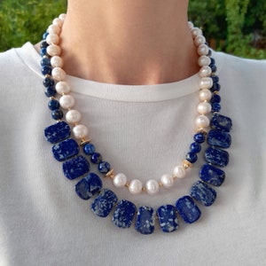 Lapis lazuli pearl necklace beaded Statement chunky gemstone multistrand necklace women gift Handmade jewelry Large layer modern necklace