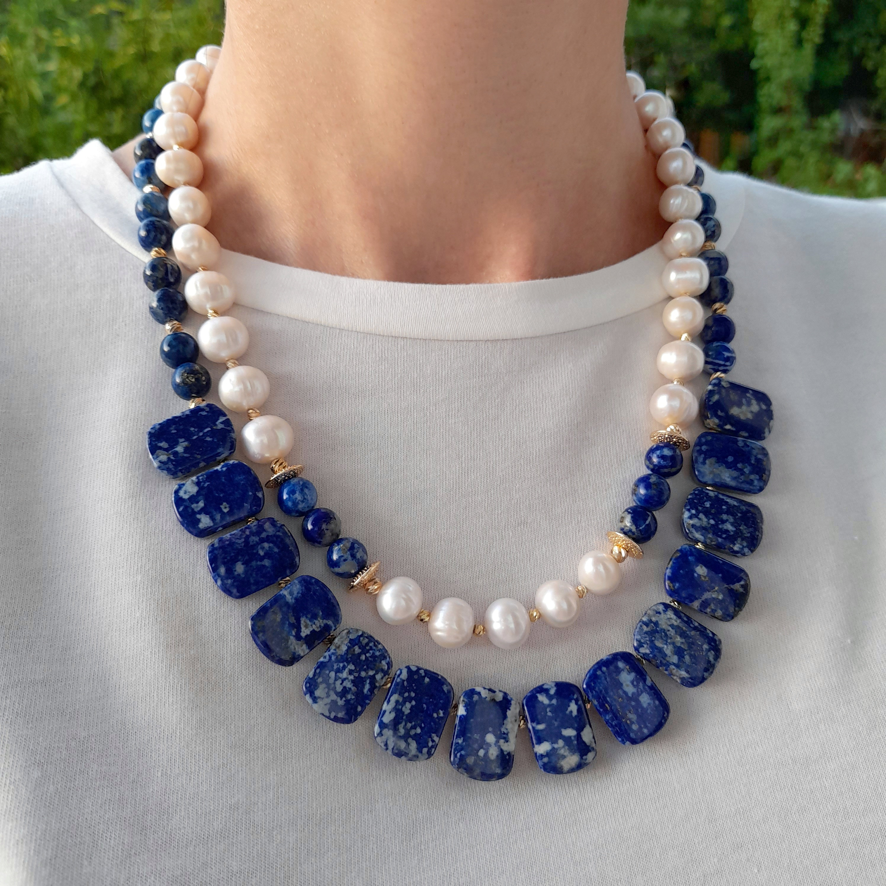 Lapis Lazuli Pearl Necklace Beaded Statement Chunky Gemstone