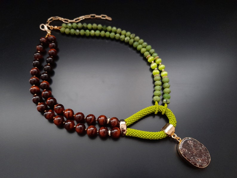 Jade Tiger Eye Necklace. Unusual Handmade Jewelry. Statement Chunky