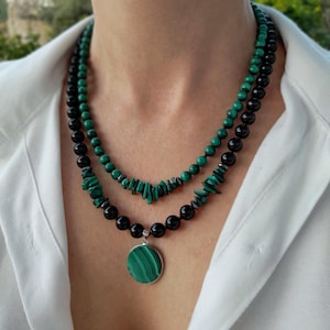 Malachite black onyx necklace women Handmade jewelry Statement chunky gemstone pendant large bead multistrand necklace Birthday Mom Gift