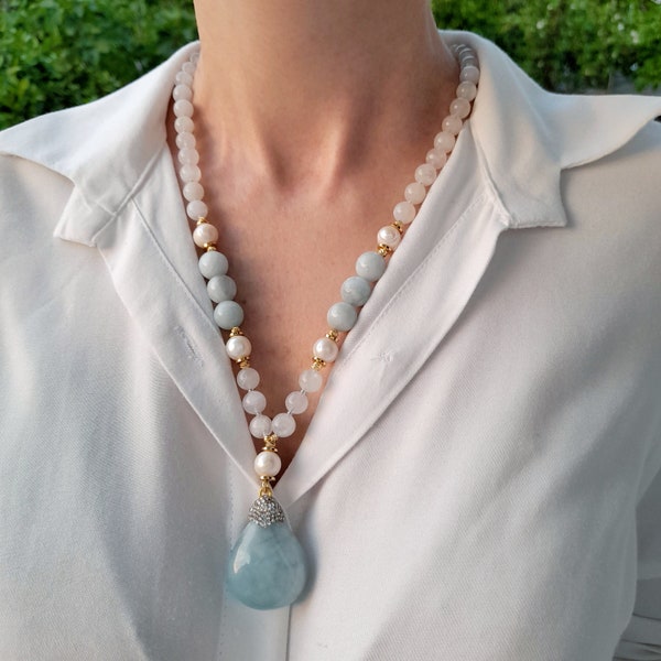 Aquamarine Moonstone Pearl Long Necklace Gold. Statement Gemstone Bead Necklace. Holiday Gifts for Her. Handmade Jewelry Birthday Women Gift