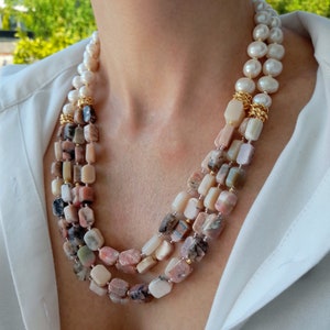 Raw pink opal pearl layer necklace Statement chunky gemstone bead necklace wife gift Big bold summer boho handmade jewelry Wedding necklace