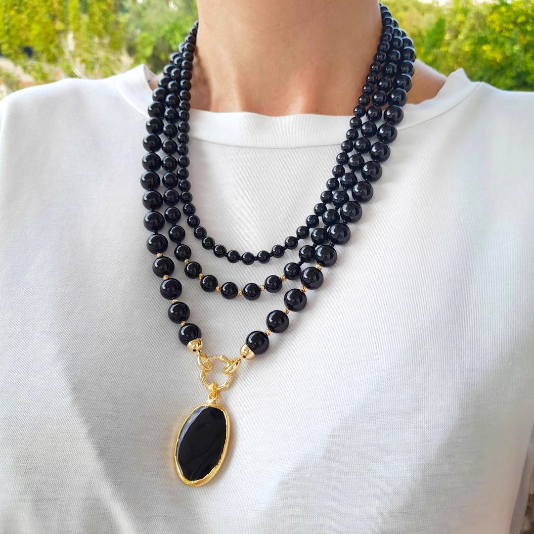 Black Onyx Layered Necklace With Pendant. Statement Chunky Gemstone — free download