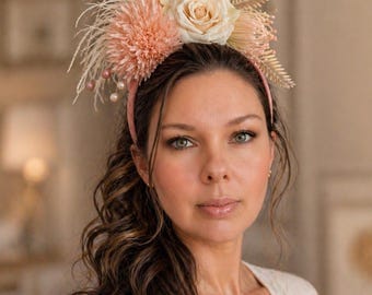 Blush pink, peach and cream flower, pearl, feather fascinator. Wedding guest headband with flower, tea party hat.