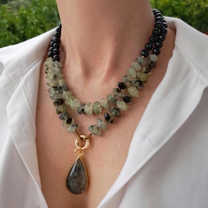 Prehnite Black Onyx Necklace. Beaded Handmade Jewelry. Statement Chunky Gemstone Pendant Necklace. Large Bead Necklace.Birthday Women Gift