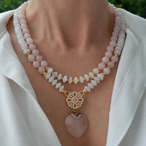 Chunky pink white rose quartz nejef heart pendant Wedding necklace Multistrand statement gemstone bead necklace Handmade jewelry women gift