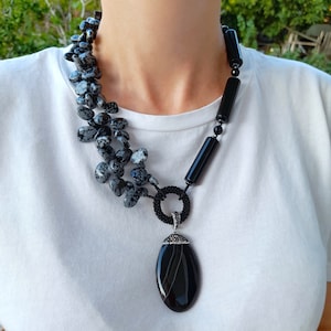 Black onyx layered necklace with pendant. Statement chunky gemstone beaded necklace Christmas wife gift. Handmade Jewelry. Birthday gift mom
