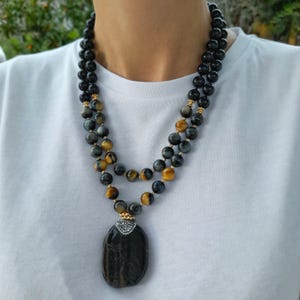 Tiger eye onyx necklace women Unusual handmade jewelry Statement chunky gemstone pendant necklace Large bead necklace birthday wife mom gift