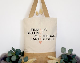 Tasche mit Namen - Jutetasche personalisiert - Geschenk für Freundin - Tasche mit langen Henkel