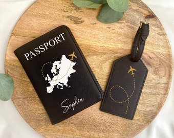 Passport cover personalized with name and world map/plane - luggage tag - gift idea - cover for passport - black