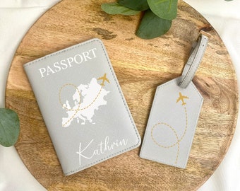 Passport cover personalized with name and world map/plane - luggage tag - gift idea - cover for passport