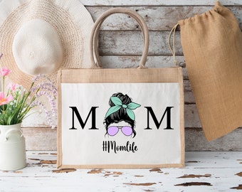 Geschenk für die Mama - Jutetasche mit Messy Bun Motiv - momlife - Farbe des Aufdrucks Mint Flieder - Muttertagsgeschenk - Beste Mama