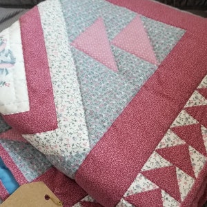 Flying Geese and Hearts Quilt, Beautifully Hand-Stitched  40" X 49".  Great Mother's Day gift for quilters.