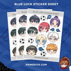 May include: Sticker sheets featuring anime character illustrations from "Blue Lock." Each sheet displays multiple character portraits, soccer balls, and floral accents. The text "BLUE LOCK STICKER SHEET" and "ANIMEKICK.COM" are visible.