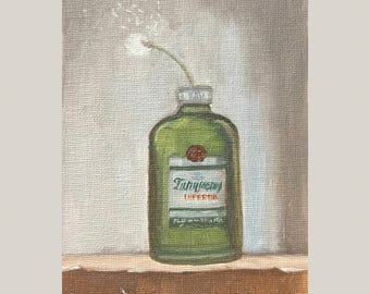 タンカレー・ジンボトルとタンポポ｜オリジナル油絵｜4×6インチ