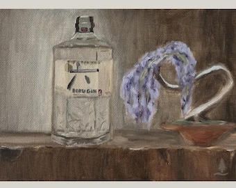Pintura de ginebra Roku / Glicina / Pintura de ginebra / Pintura de bonsái / Pintura de licores / Bellas artes con alcohol / Arte de bonsái / Ginebra Roku 5 x 7 pulgadas