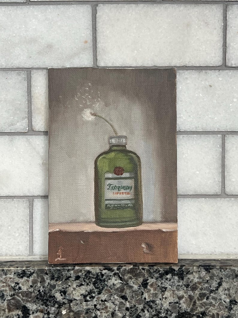 Tanqueray Bottle with Dandelion | Original Oil Painting | 4x6in image 1