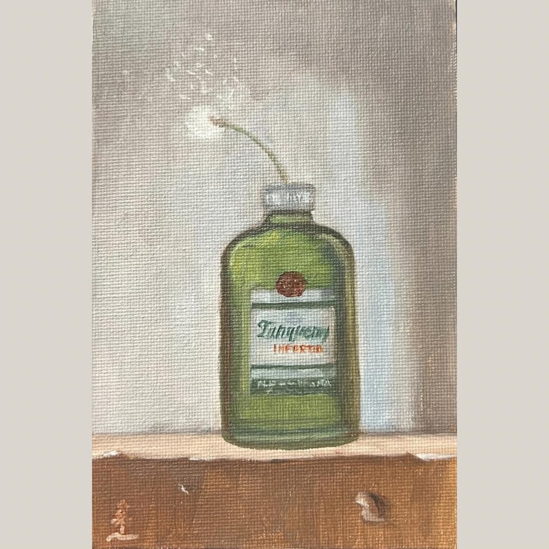 May include: An oil painting of a green Tanqueray gin bottle with a white label and a red seal. A white flower with a curved stem extends from the bottle's cap. The painting is set against a neutral background.