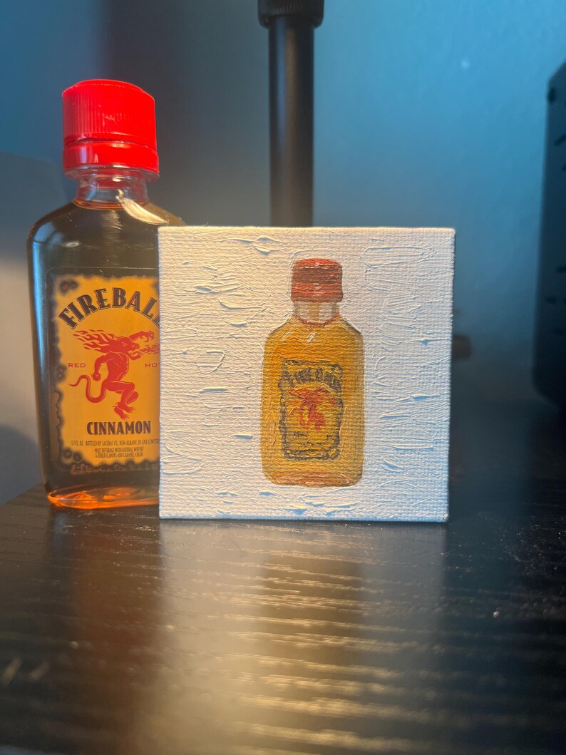 Fireball Painting | Oil on Panel | 2.5x2.5 inches | Whiskey | Bar Art 画像 2
