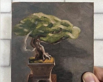 Liten bonsai-oljemålning på panel | 13x13 cm | Bonsaiträdkonst