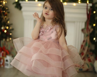 First Birthday Dress, Baby Girl Party Dress Special Occasion, 1st Birthday Dress for photo shooting, Blush girl lace top tutu dress