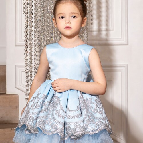 Princess girl dress sky blue shops with silver lace royal dress for girl, matching mum and girl dress, junior bridesmaid dress, flower girl dress