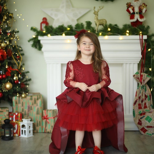 Burgundy dress for girls, burgundy lace long shops sleeve high low dress for kids, maroon dress for girl, christmas holiday dress for toddler