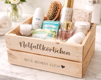 Großes Notfallkörbchen Hochzeit aus Holz | Personalisiert | Hochzeitsdeko, Gästeservice | Holzkiste für Bad & Feier | Geschenkidee