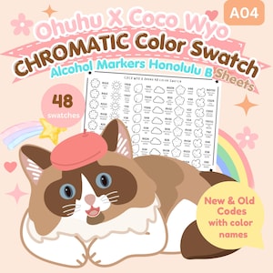 Könnte beinhalten: Ein Ohuhu X Coco Wyo Farbmusterblatt für Alkoholmarker mit 48 Feldern, das eine braun-weiße Katze mit rosa Baskenmütze, einen Regenbogen, Sterne und Herzen zeigt, inklusive des Textes New & Old Codes with color names.