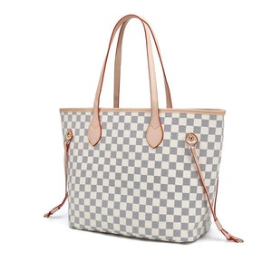 grey and white checkered handbag