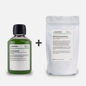 May include: A green liquid in a 200 ml bottle and a white bag of powder labeled "Spirulina platensis" and "Spirulina growing medium" respectively. The bottle has a black cap and the bag contains 220 grams of powder. Both products are for the cultivation of spirulina.