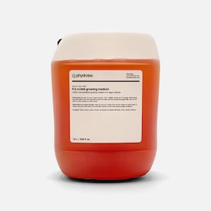 May include: A large, rectangular plastic container with a white top and a reddish-orange liquid inside. The container has a label with the text "phydrotec" and "F/2 x1000 growing medium". The label also indicates the volume is 10 L / 338 fl oz.